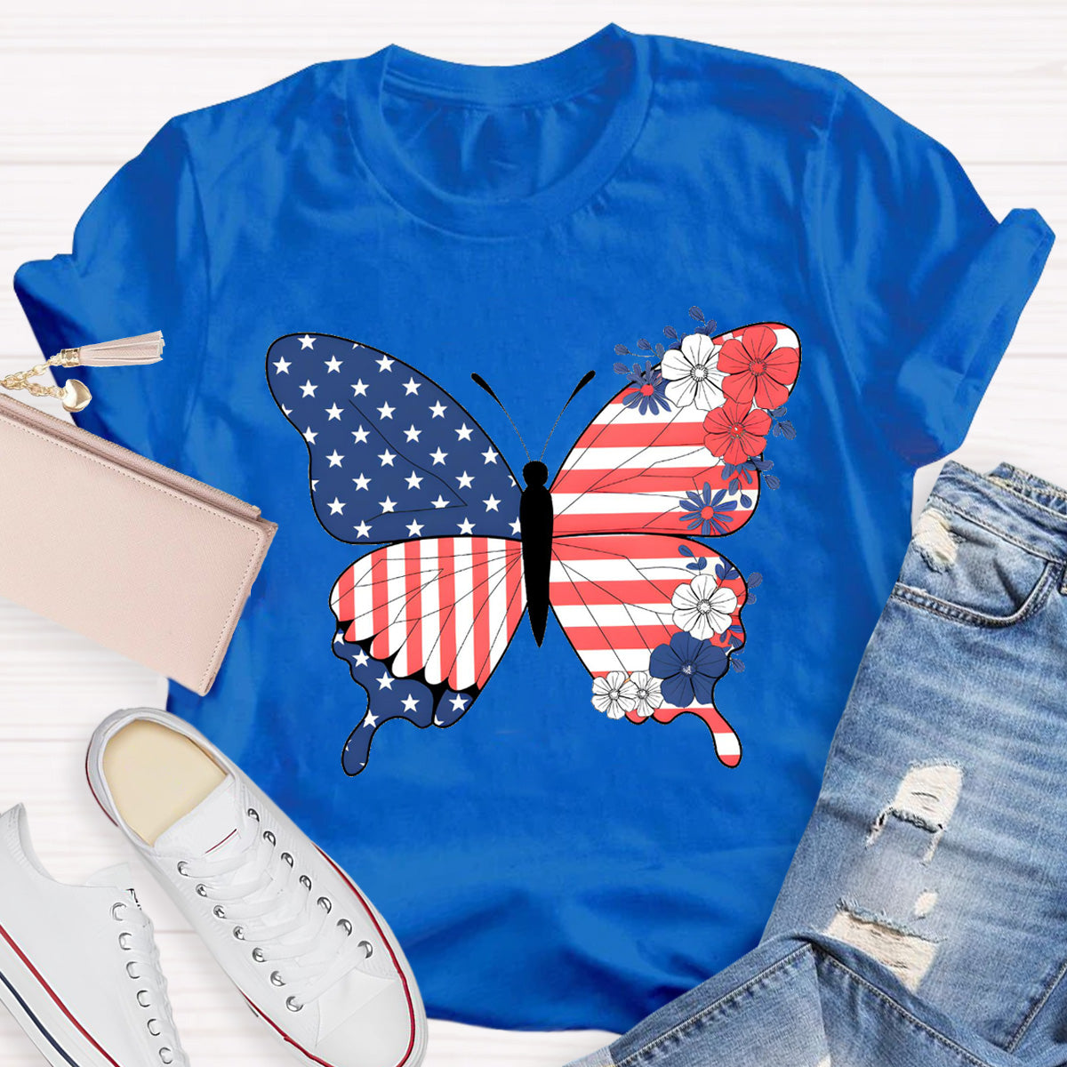 American Flag Butterfly Teacher T-Shirt