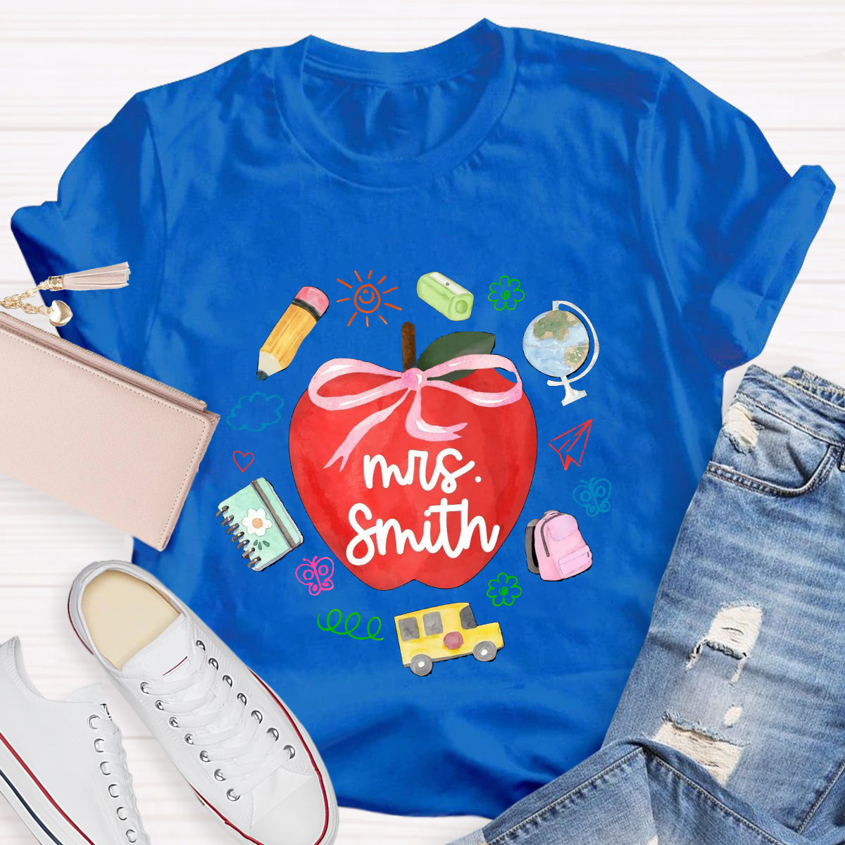 Personalized Name Red Apple Teacher T-Shirt