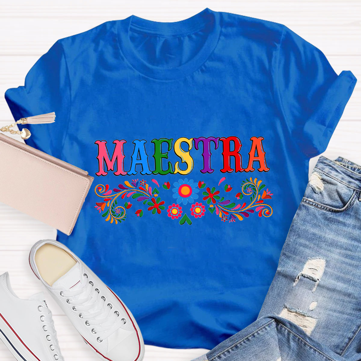 Maestra Blue Flower Teacher T-Shirt