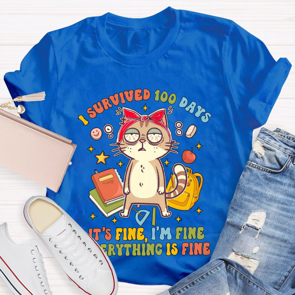 I Survived 100 Days Everything Is Fine Funny Cat  T-Shirt