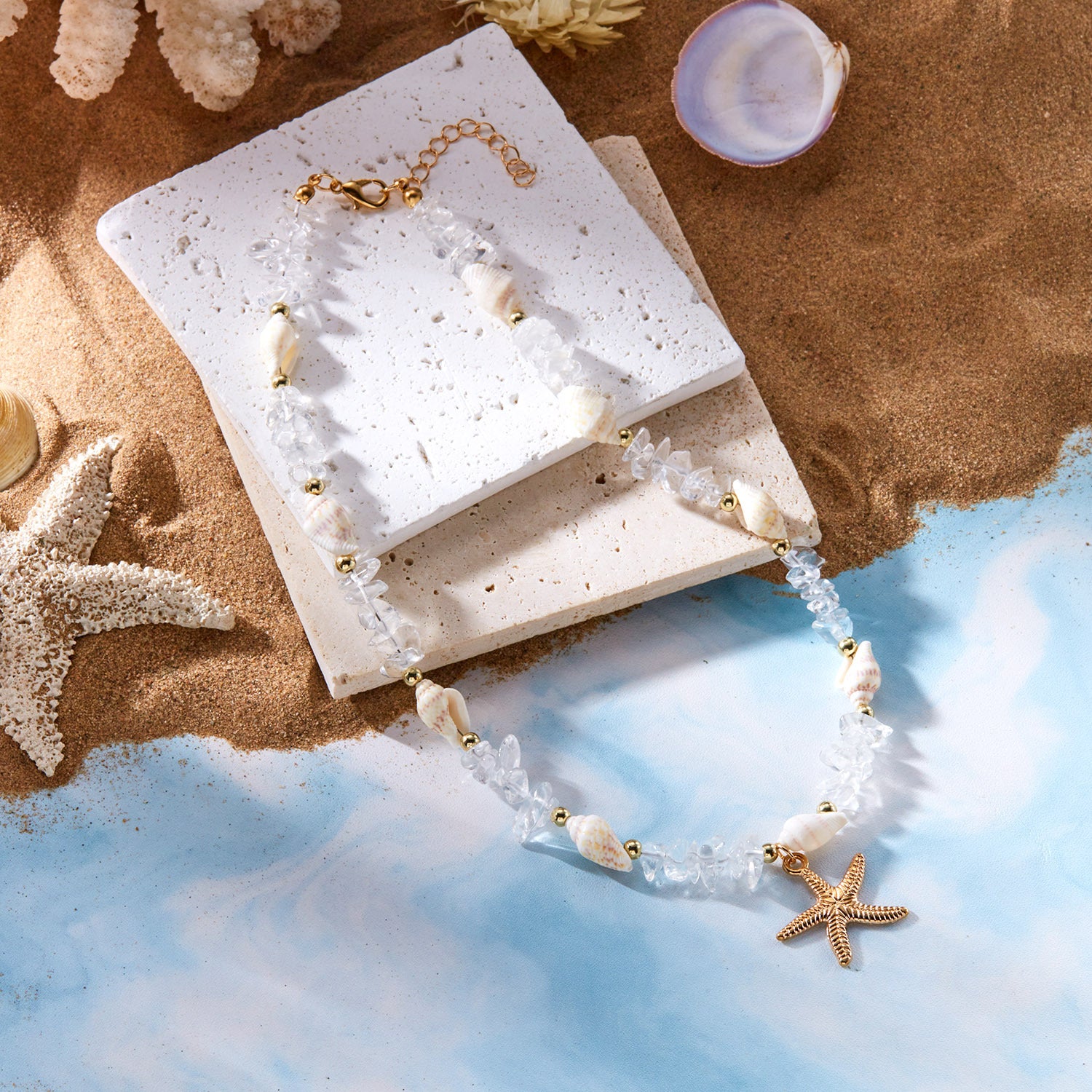 Bohemian-Style Starfish Jewelry Summer Beach-Themed Crushed Stone Starfish And Conch Necklace