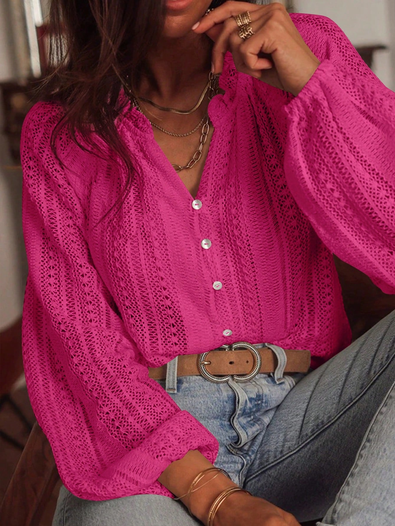 Hollow-Out Lace V-Neck Single-Breasted Long-Sleeved Shirt