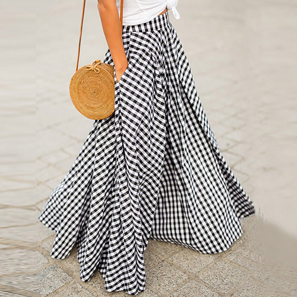 Elegant Plaid Midi High-Waisted Flared Skirt