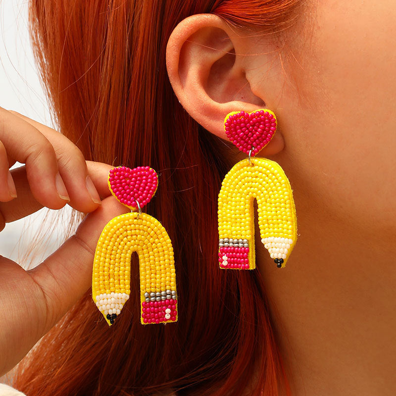 Handmade Beaded Glass Seed Bead Heart Pencil Earrings