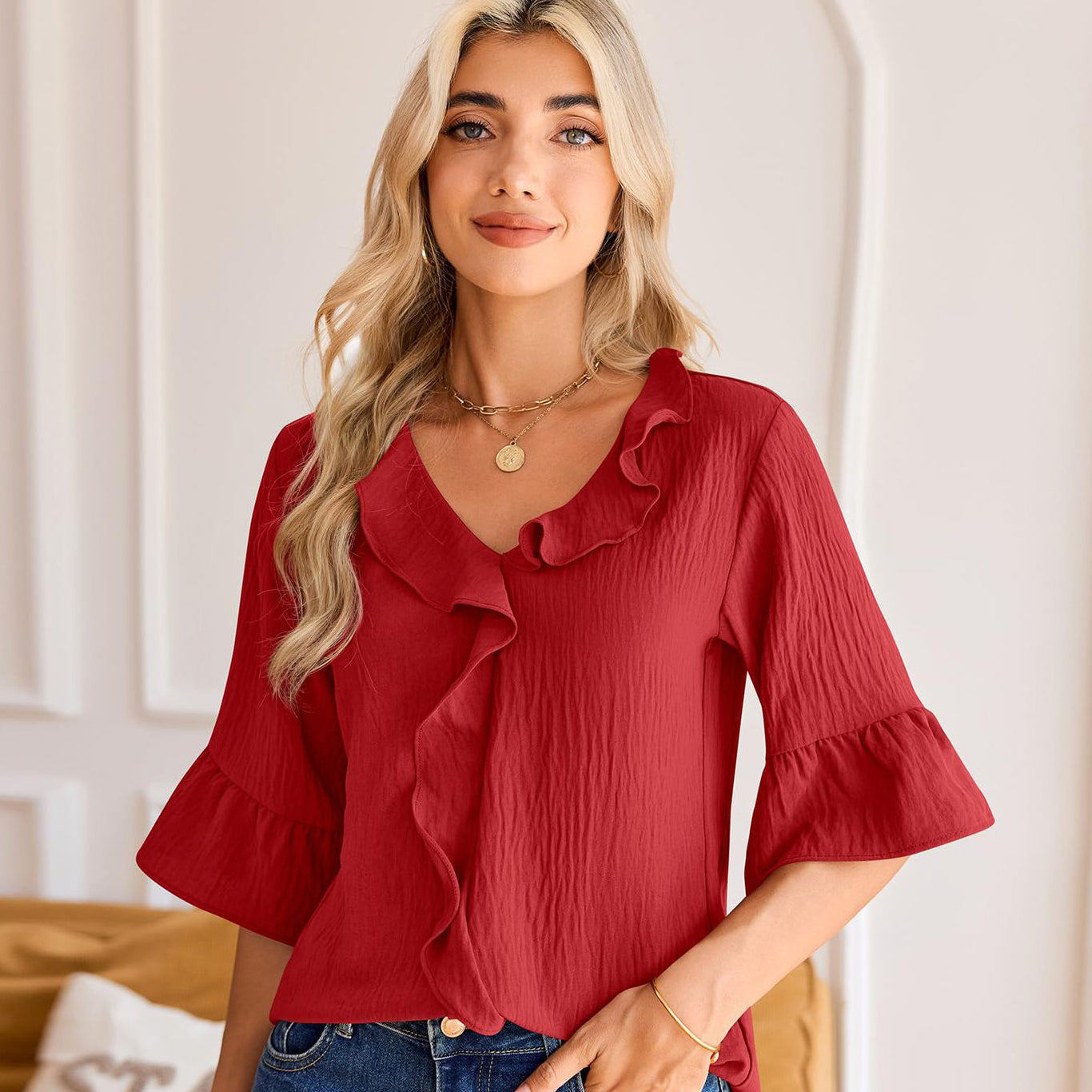 V-Neck Ruffled Three-Quarter Sleeves Lace Short-Sleeved Shirt