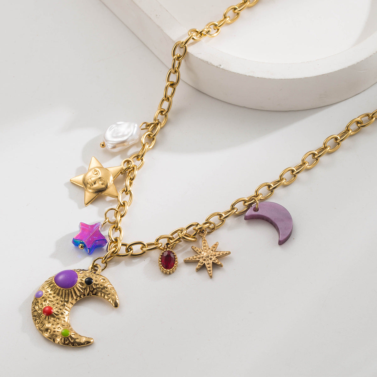 Western-Style Fashion Necklace Featuring Ocean Elements Moon  Little Fish Conch  Evil Eye  And Pearl Pendants