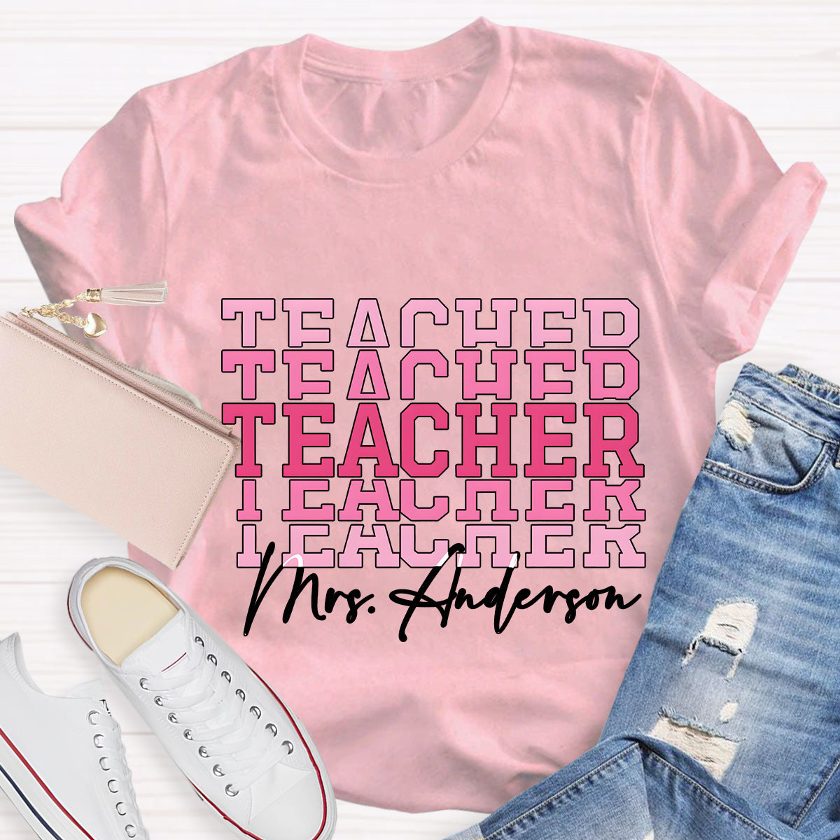 Personalize Name Pink  Teacher T-Shirt