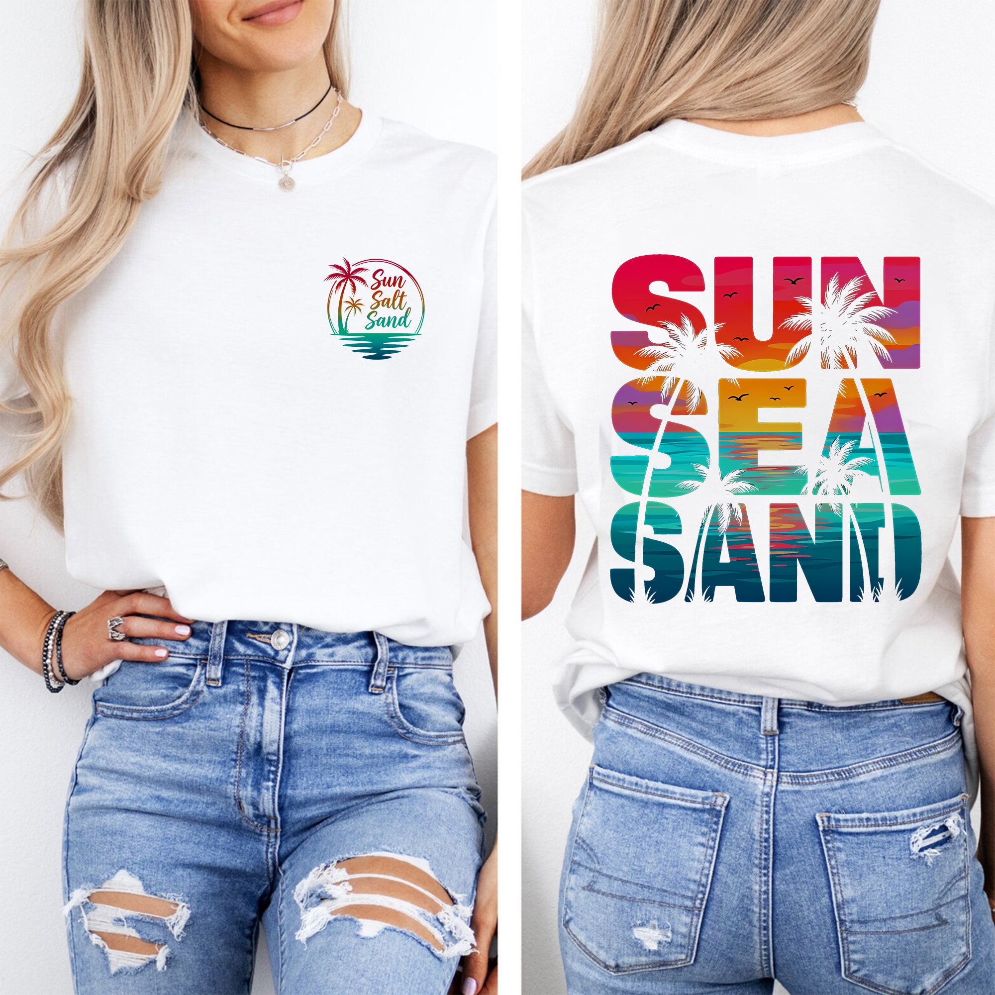 Sun Sea Sand Summer Break Teacher Double Printed T-shirt