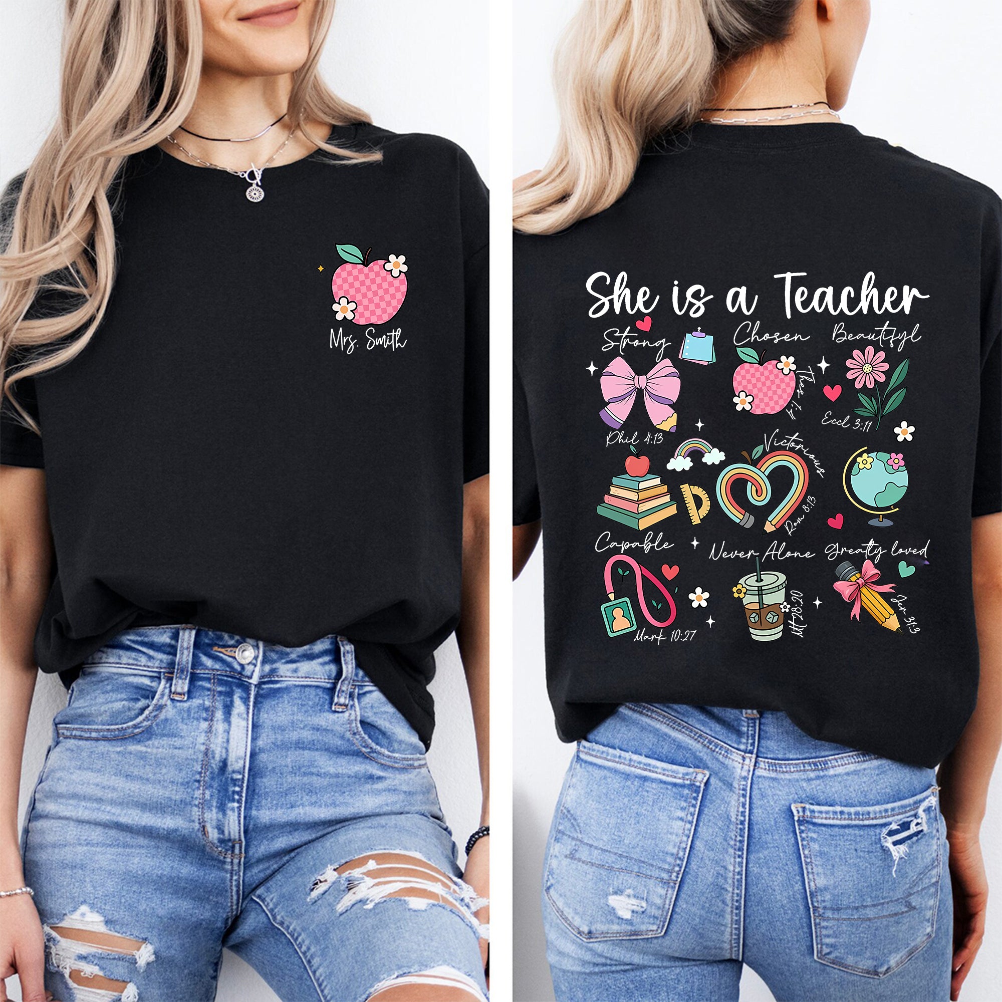 Personalized Name She Is A Teacher Strong Beautiful Double Printed T-shirt