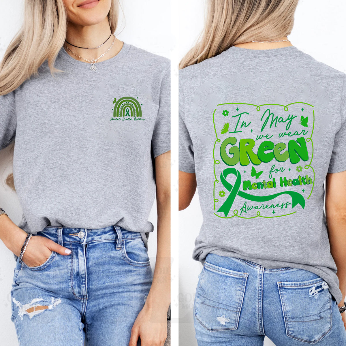 In May We Wear Green For Mental Health Awareness Double Printed T-shirt