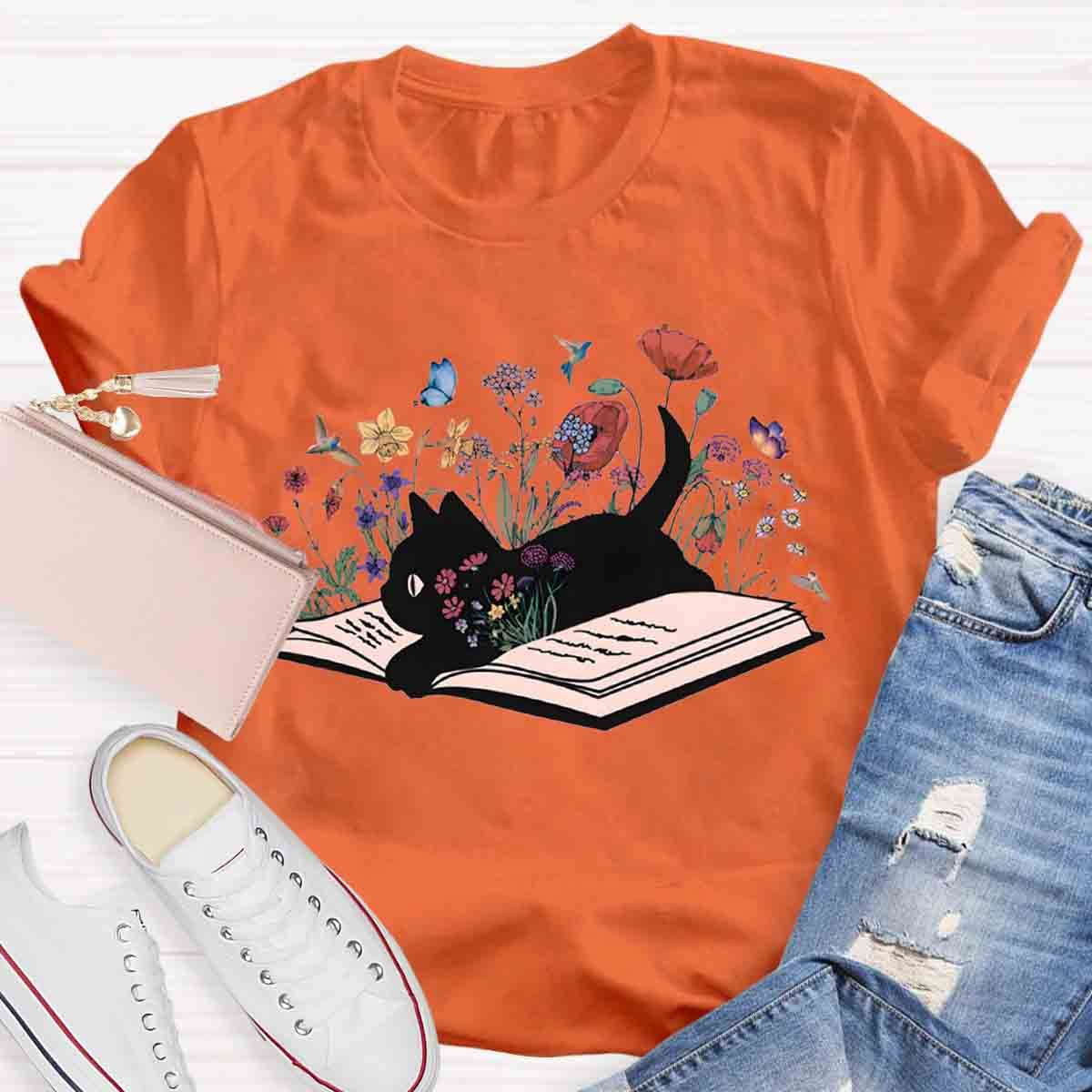 Cute Floral Book Cat T-Shirt