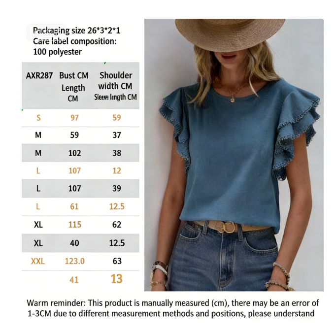 Round Neck Shirt With Ruffles And Batwing Top