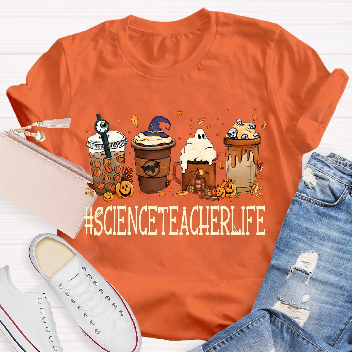 Pumpkin Milk Tea And Little Ghosts Science Teacher Halloween T-shirt