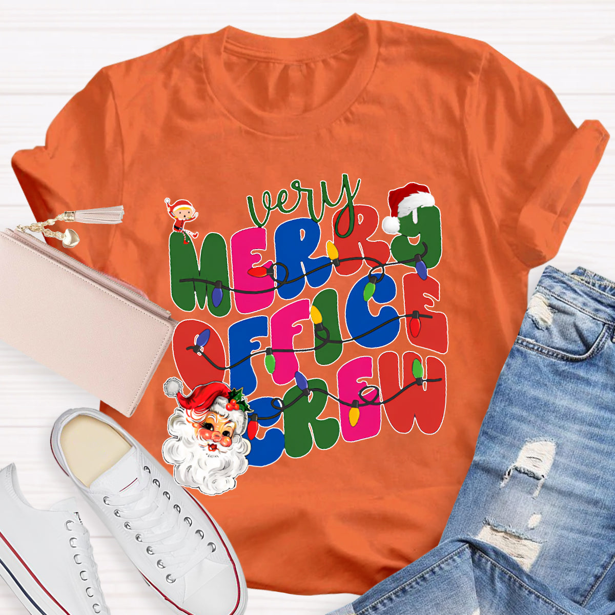 Very Merry Office Crew Santa Claus And Colorful Fonts T-shirt