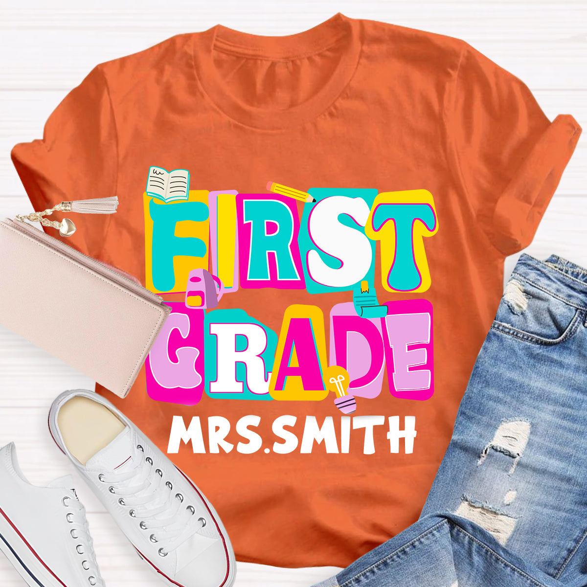 Personalized Grade And Name Colorful Letter Squad Pencil Teacher T-shirt