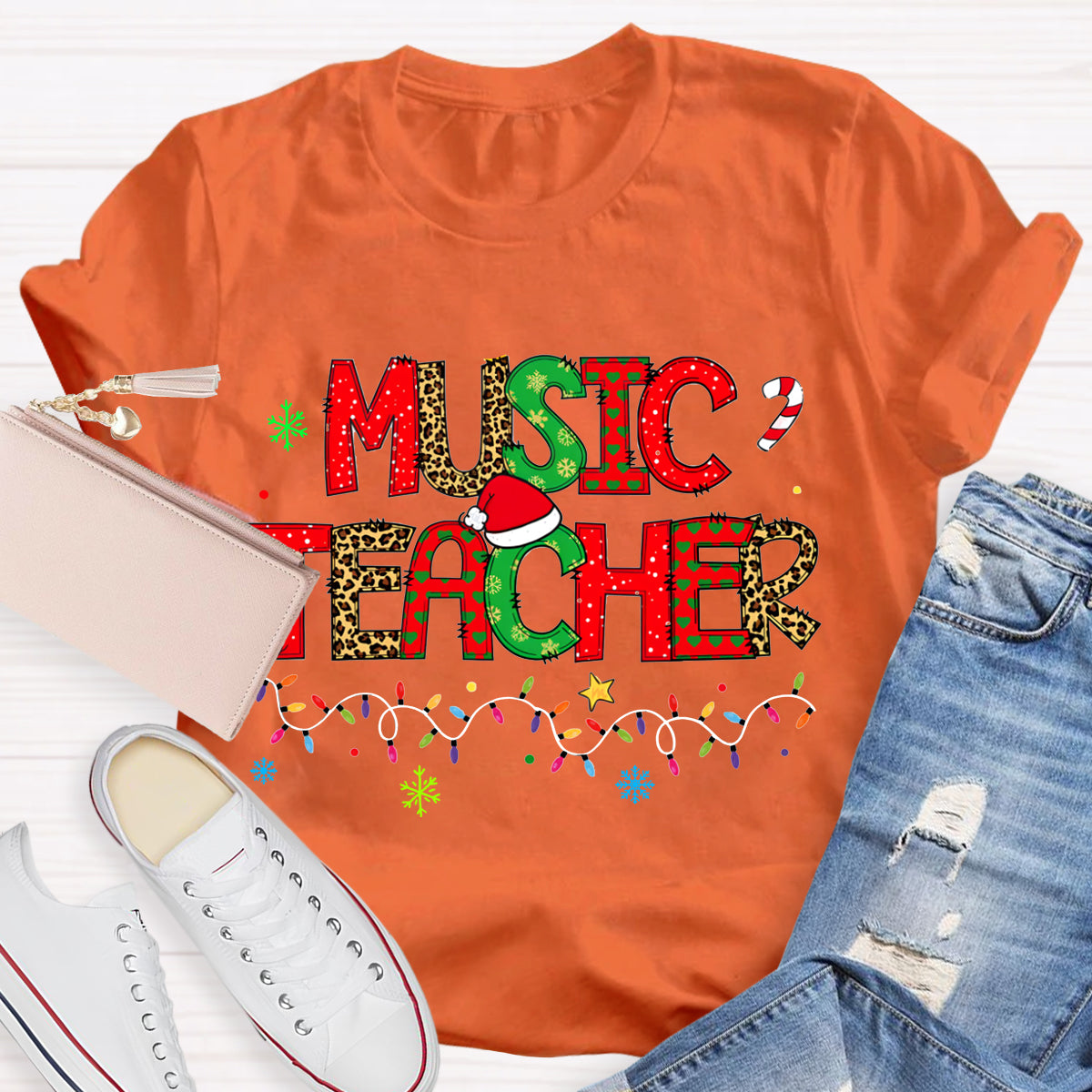 Music Teacher Christmas Lights And Colorful Fonts Christmas T-shirt