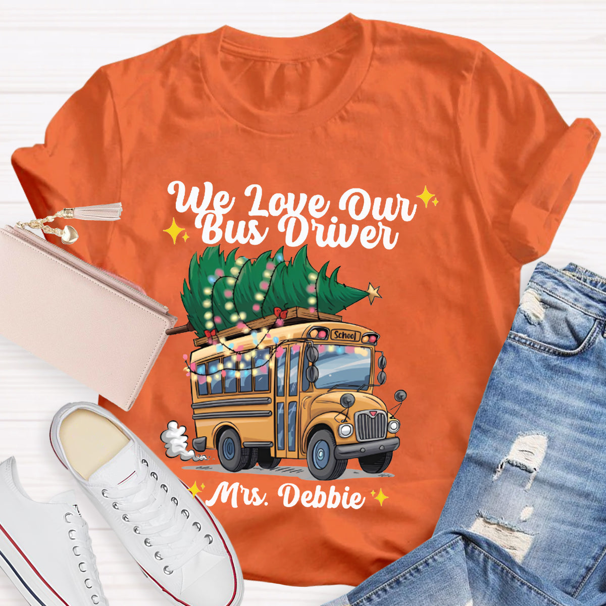 Personalized Name We Love Our School Bus And Christmas Tree T-shirt