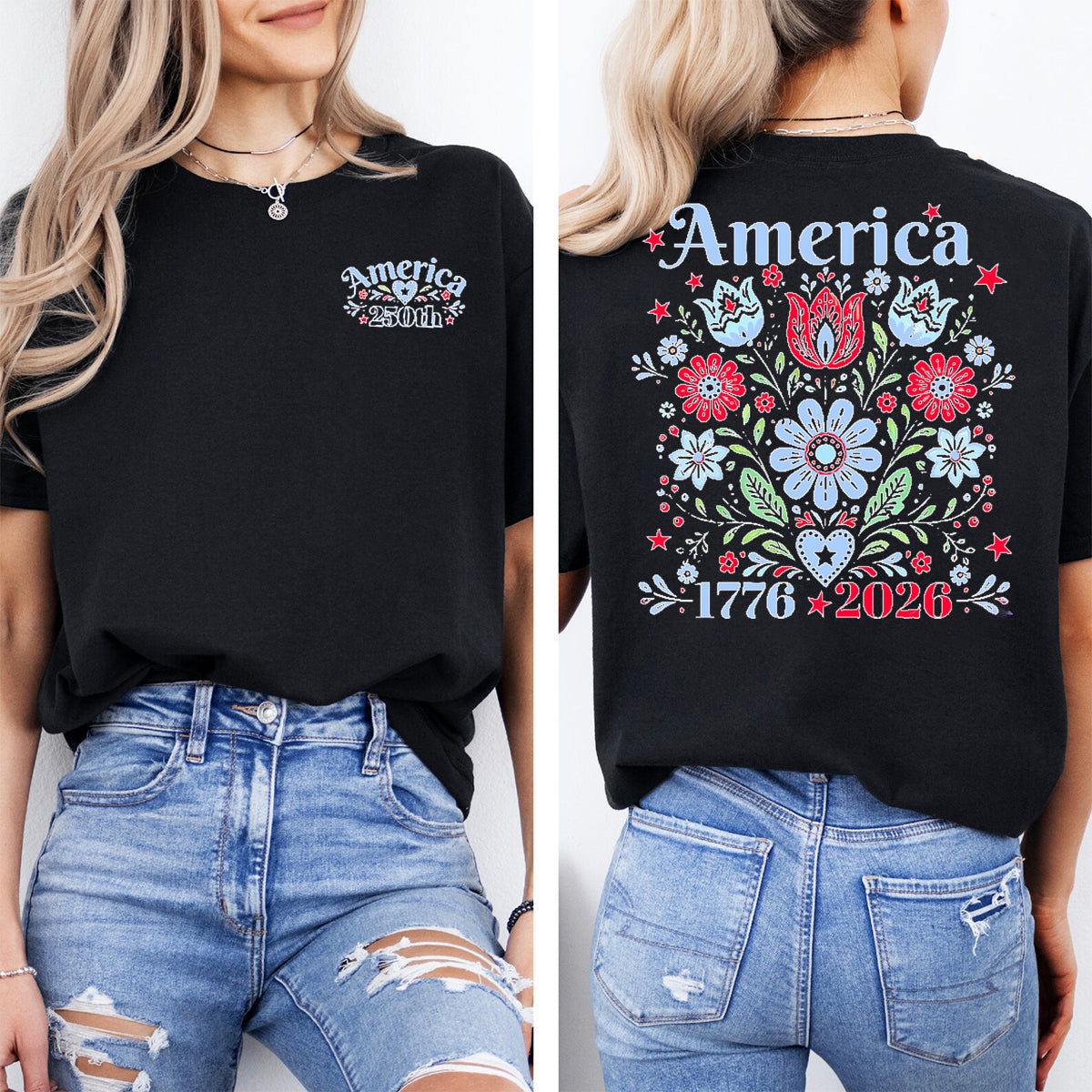 America 250th Flowers Graphics  Double Printed T-shirt