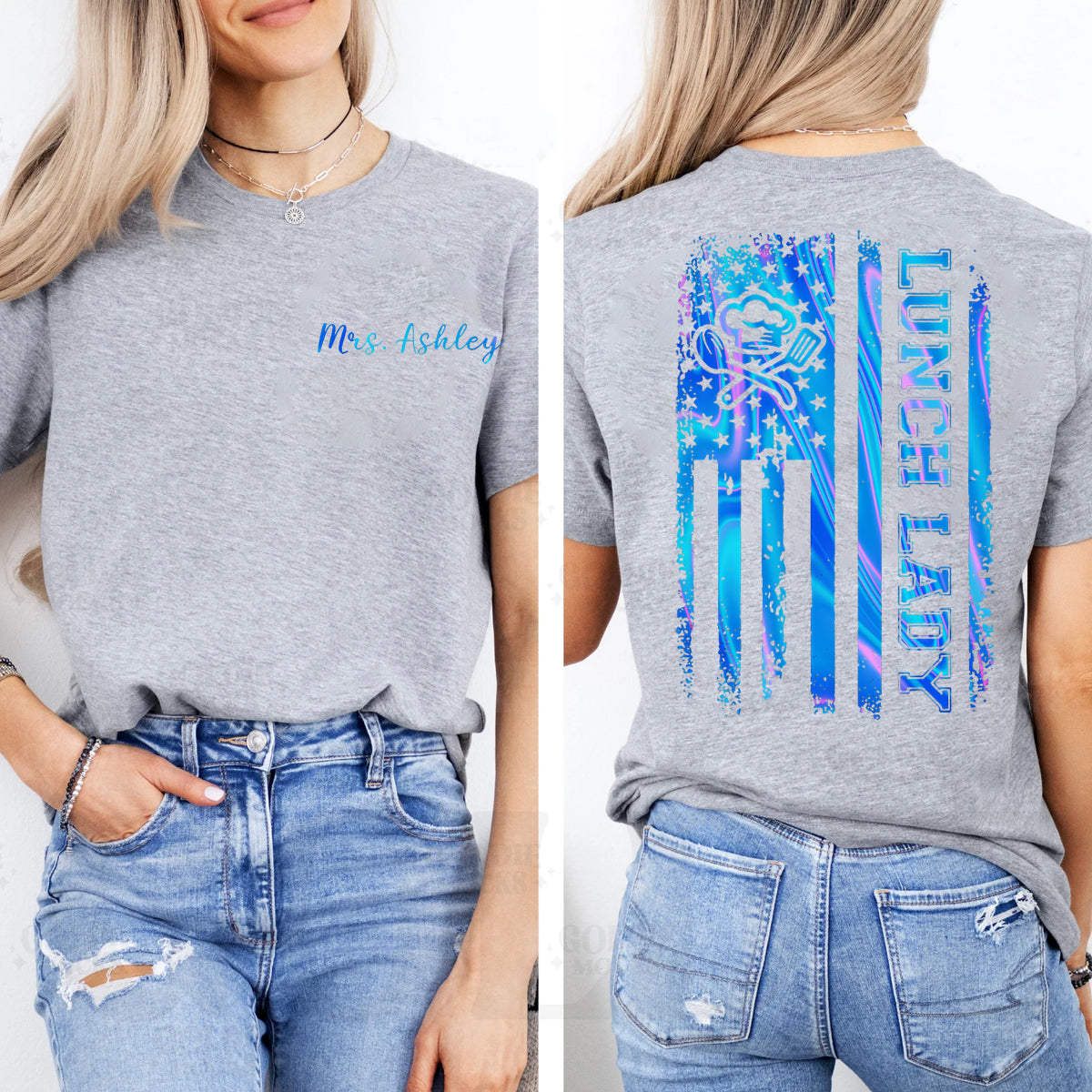 Personalized Name Lunch Lady Flag  Double Printed T-shirt
