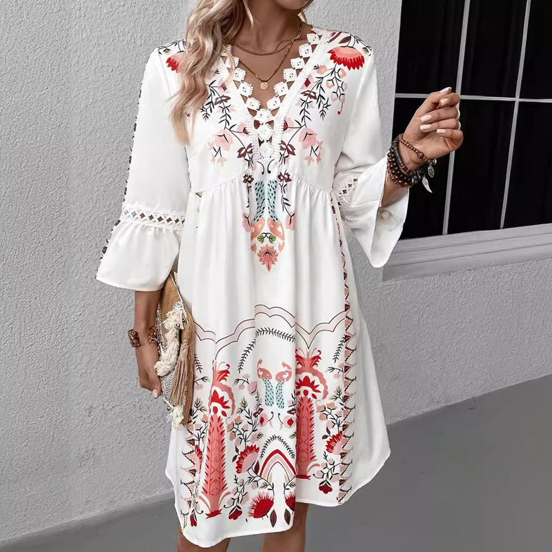V-Neck Floral Polyester Dress with Lace Detail