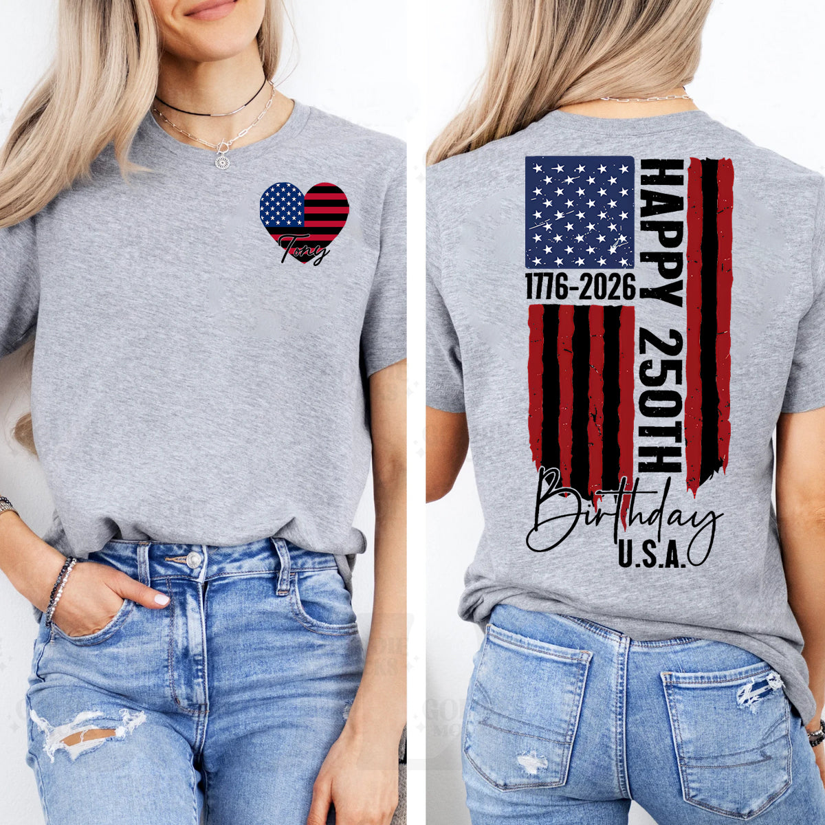 Personalized Name Happy 250th Birthday U.S.A.   Double Printed T-shirt