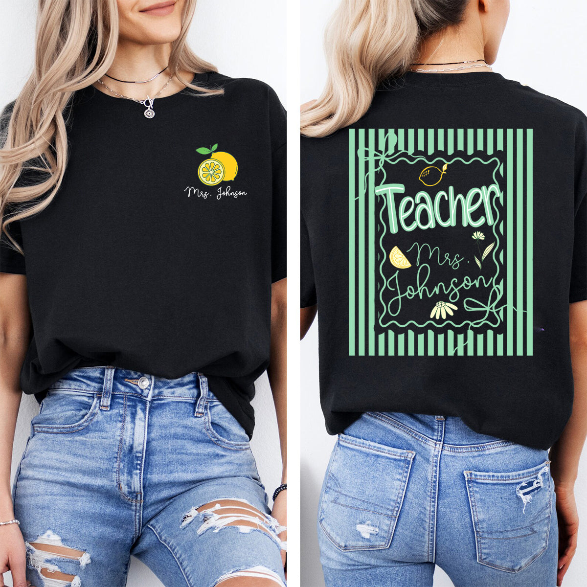Personalized Name  Teacher Lemon Pattern  Double Printed T-shirt