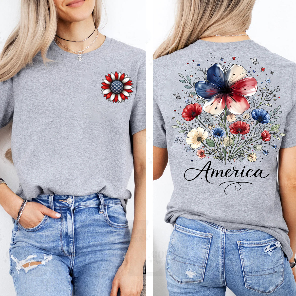 America  Flowers Graphics  Double Printed T-shirt