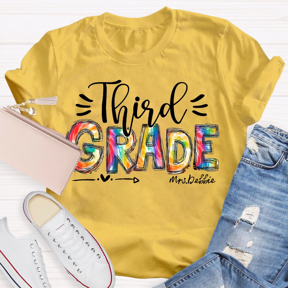Personalized  Grade And Name Colorful Printed Teacher Back To School T-Shirt