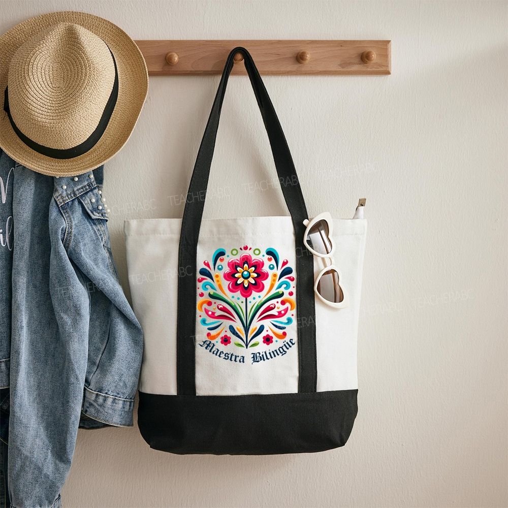 Maestra Bilingüe Graphics Flowers   Color-blocked Canvas Bag