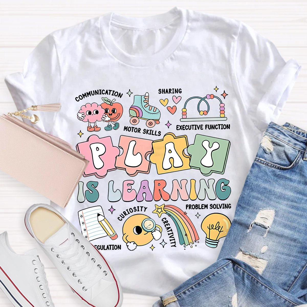 Play Is Learning Colorful Cute Icons Teacher T-Shirt