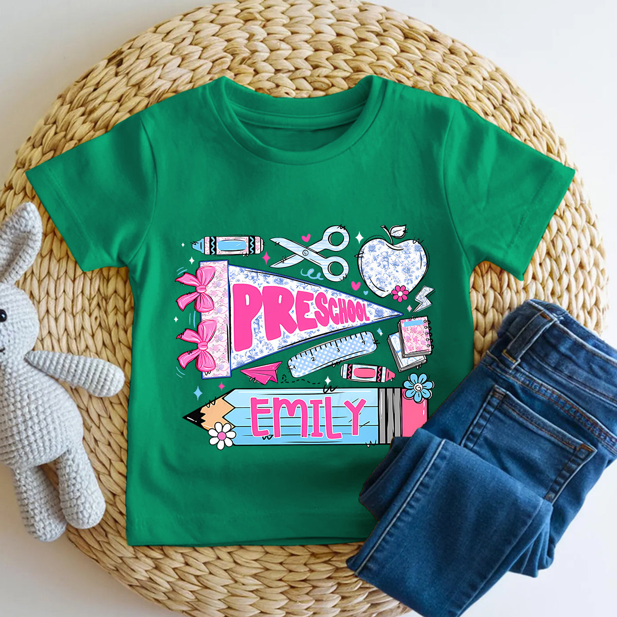 Personalized Name And Grade Preschool Bow Toddler T-shirts