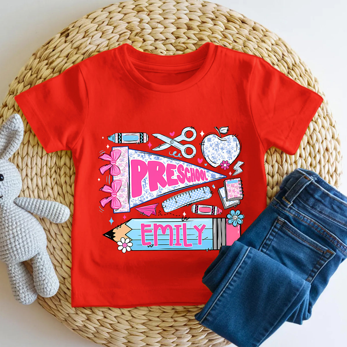 Personalized Name And Grade Preschool Bow Toddler T-shirts