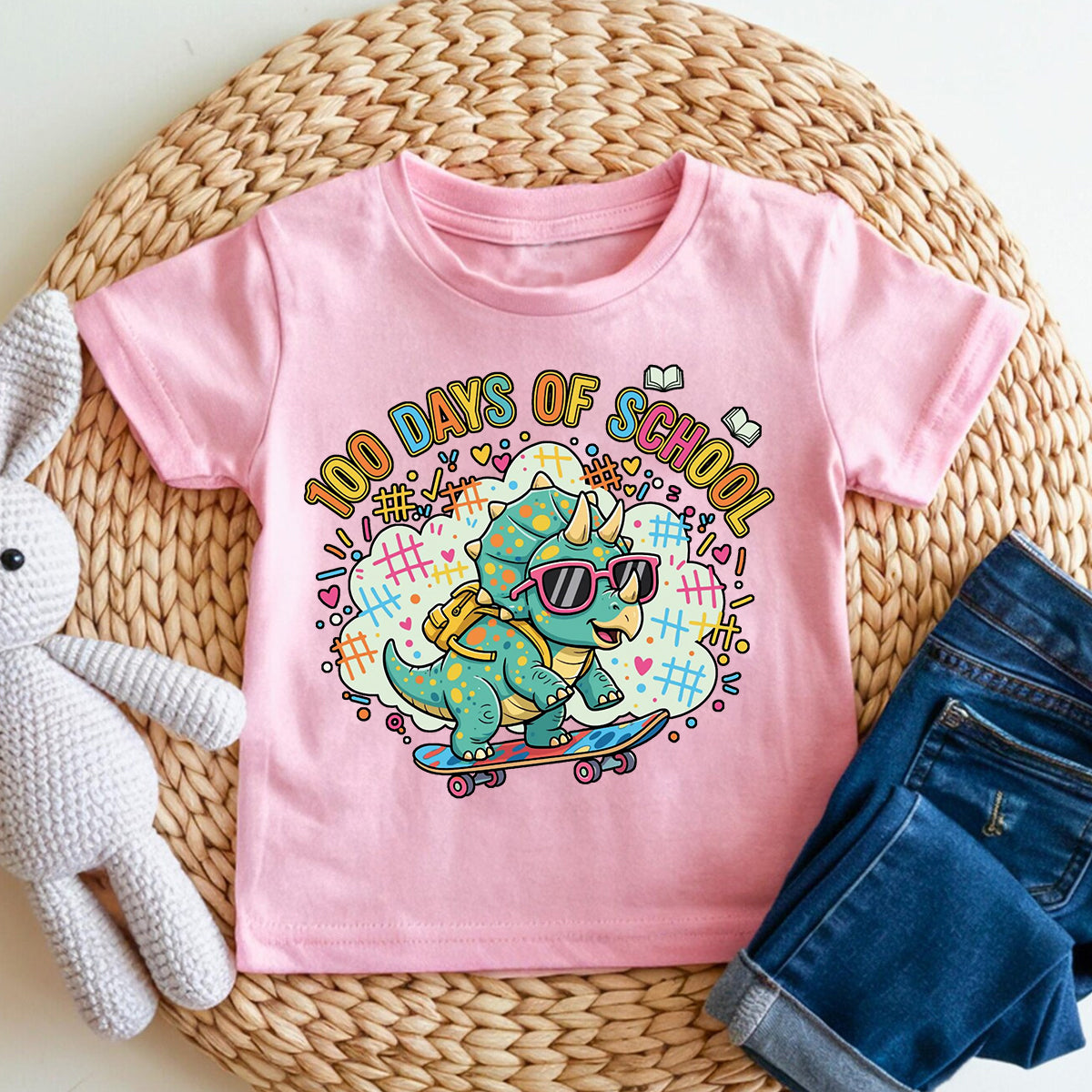 100 Days Of School Dinosaur And Colorful Font Prints Toddler T-shirts