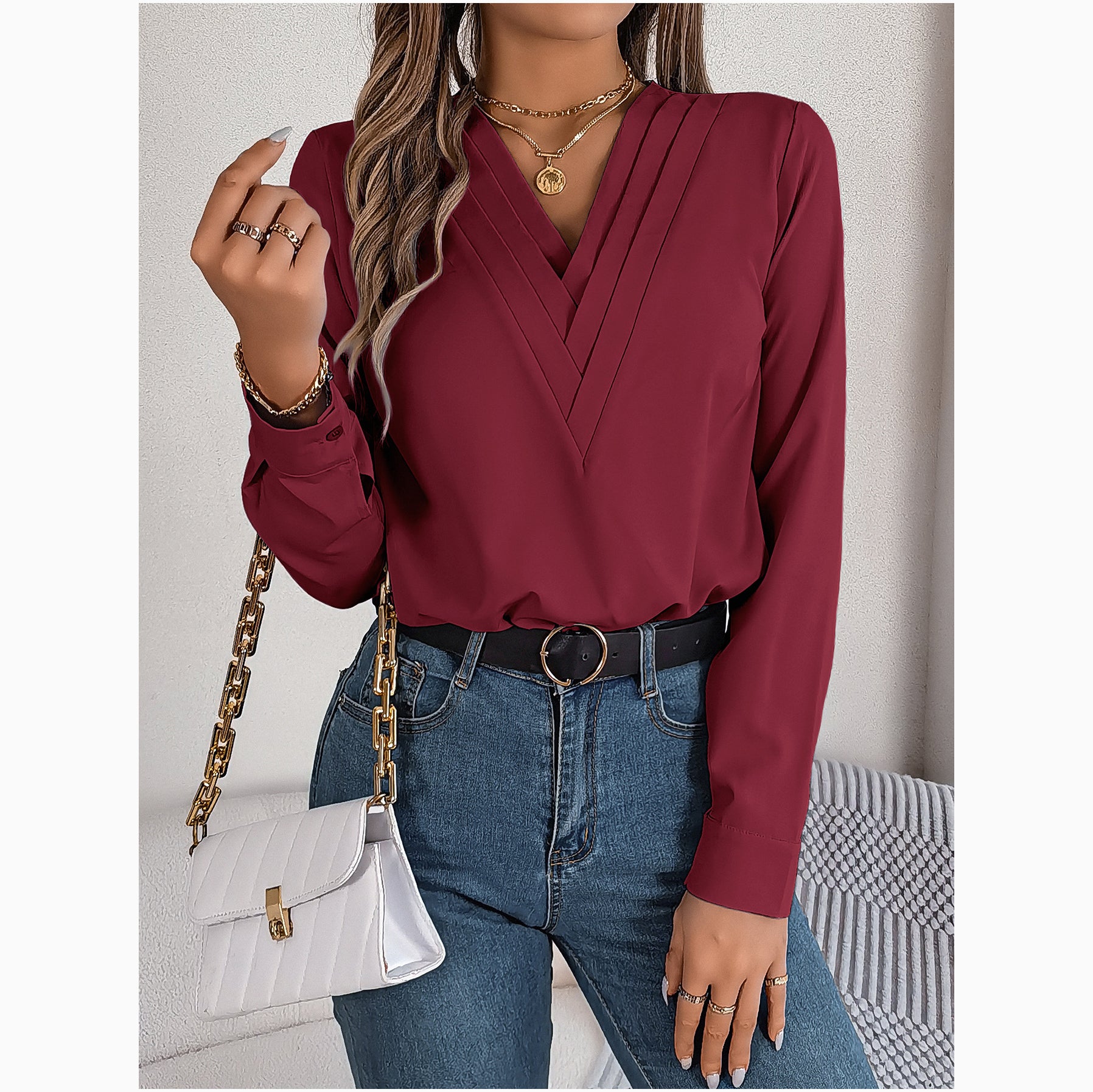 Layered V-Neck Long-Sleeved Shirt