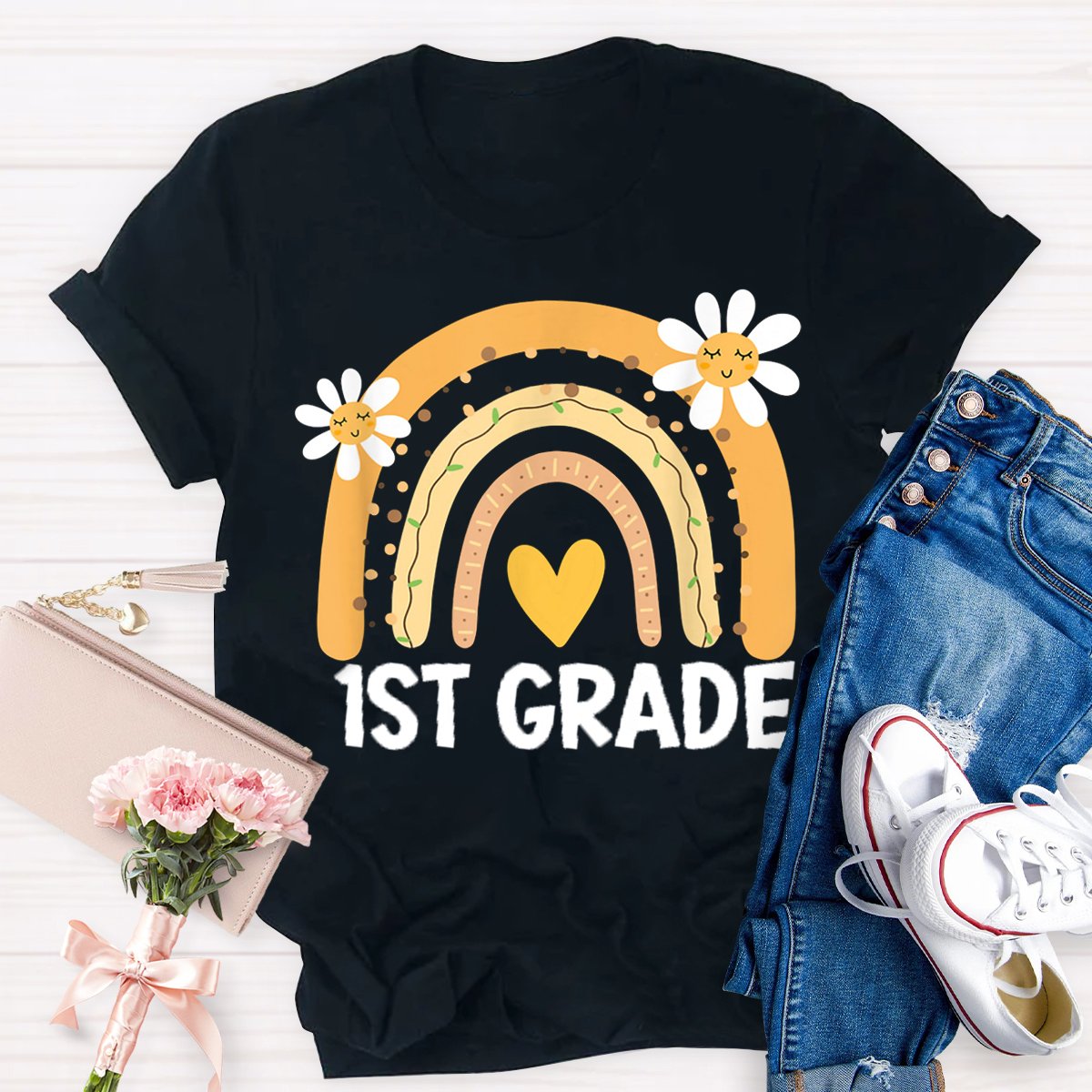 Personalized Grade Rainbow Flowers Teachers T-shirt