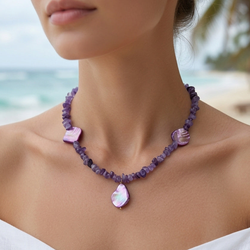 Dopamine-Style Natural Stone Beaded Necklace With Shell Pendant