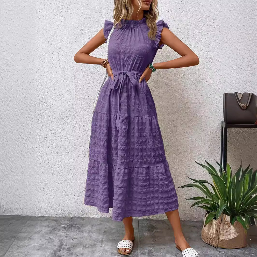 Ruffled Trim  Flutter Sleeves  Tie-Up Textured Dress