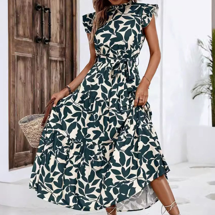Ruffled Trim Flutter Sleeves Tie-Up Detail Printed Fairy Dress