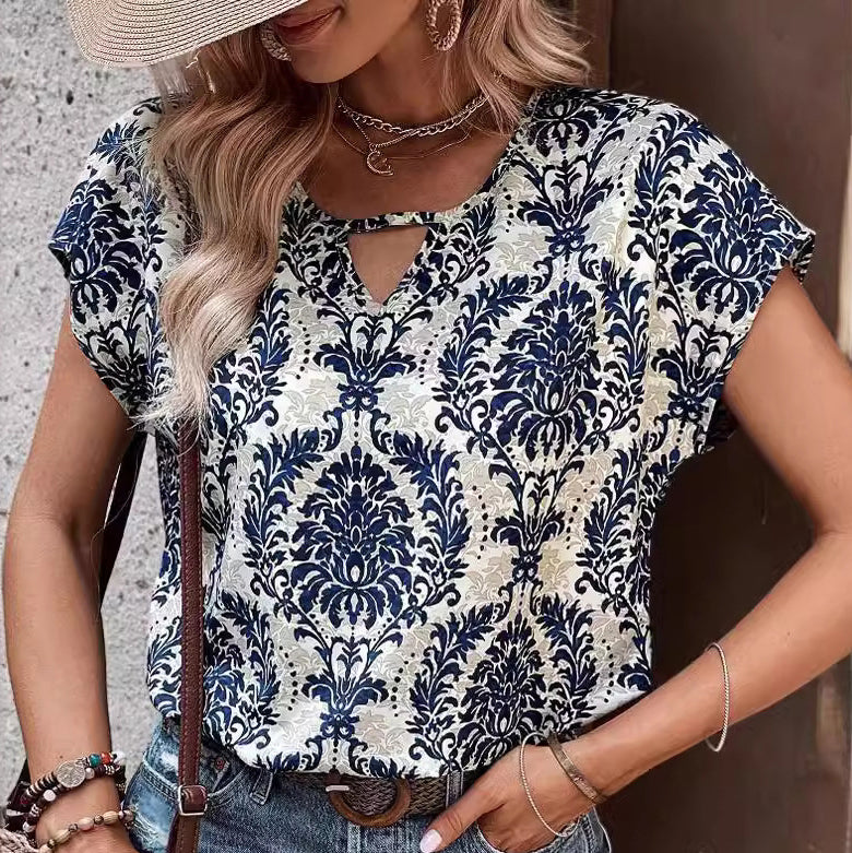 Printed V-Neck Batwing Sleeve Loose-Fitting Shirt