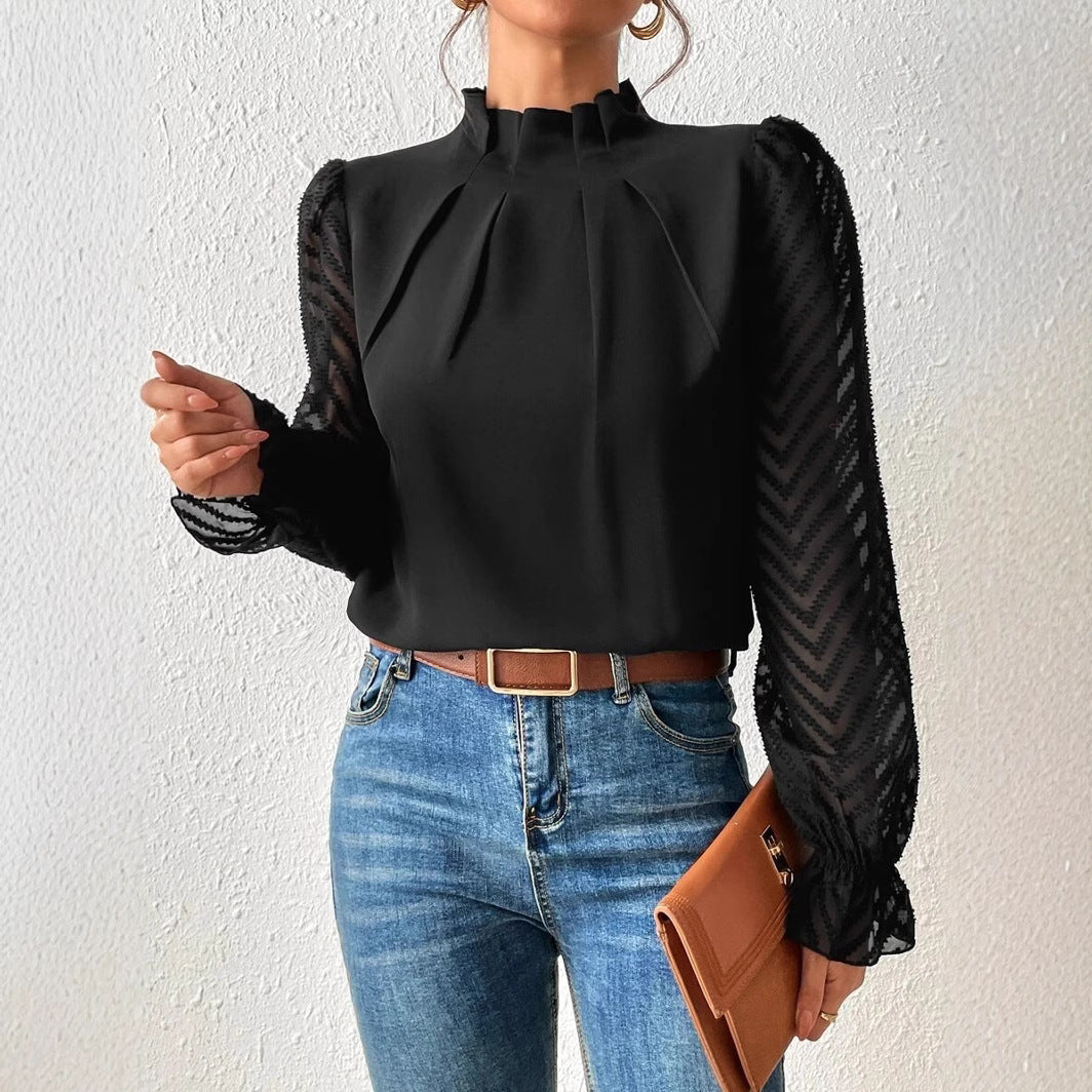 High Collar Patchwork Wavy Pattern Chiffon Long Sleeves Shirt