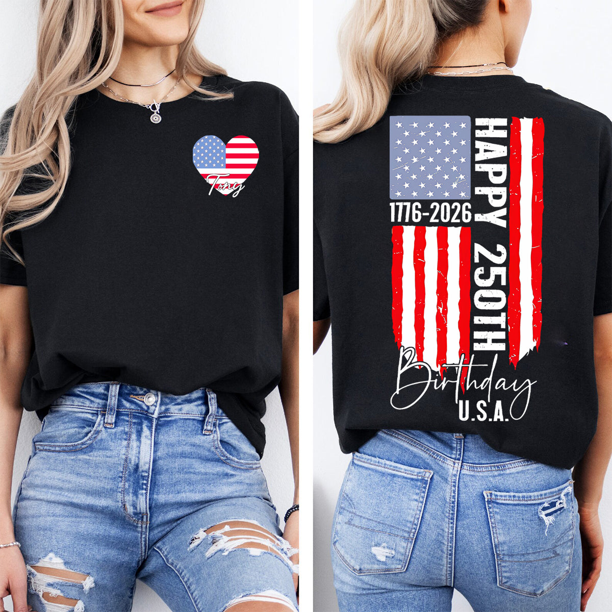 Personalized Name Happy 250th Birthday U.S.A.   Double Printed T-shirt