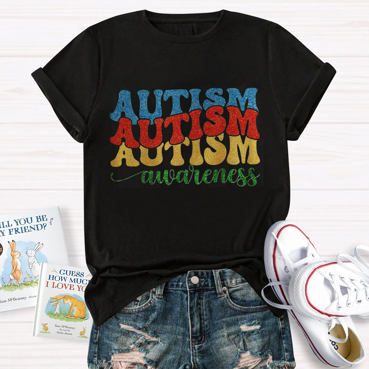 Rainbow Colors Glitter Autism Awareness T-Shirt