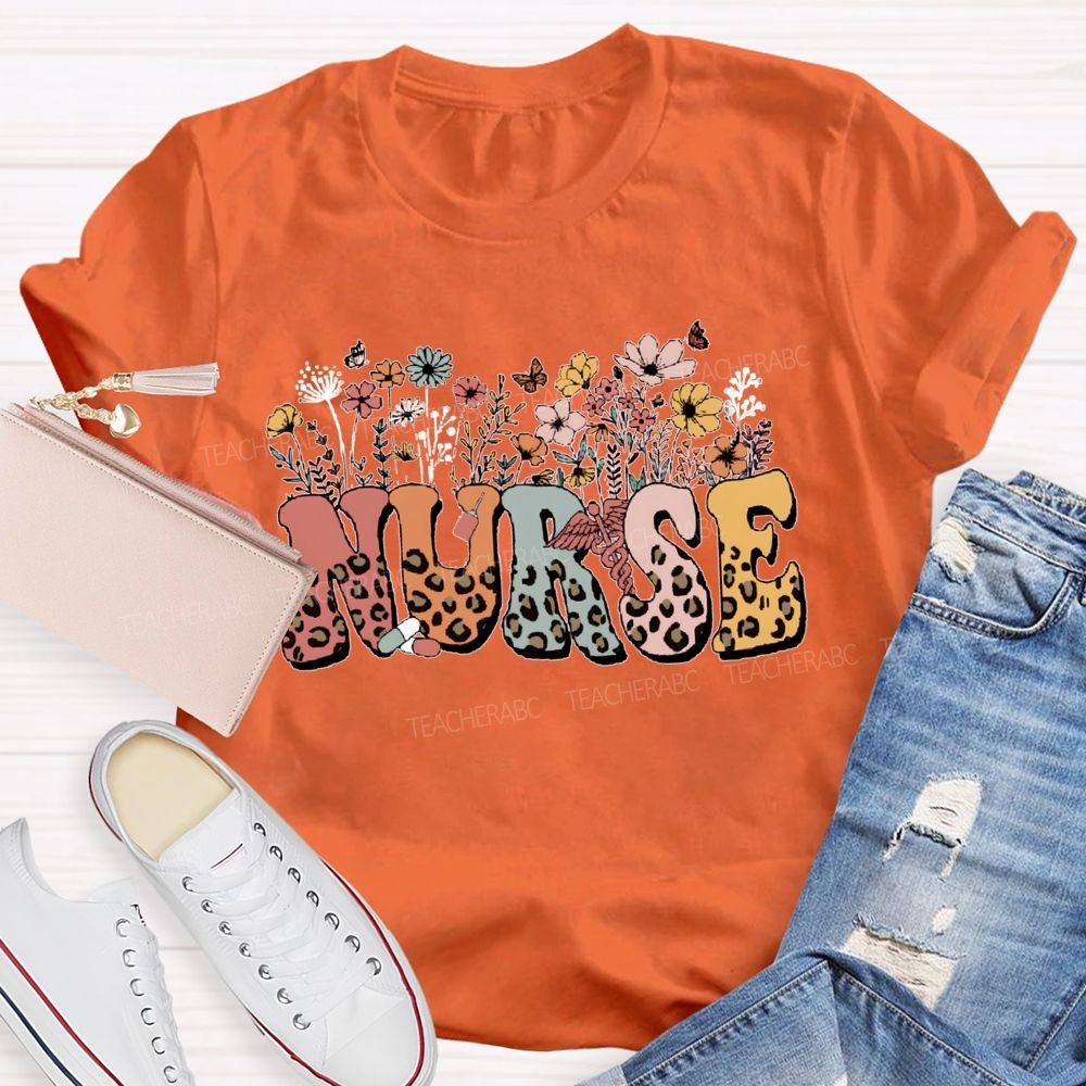 Floral Leopard School Nurse Teacher T-Shirt