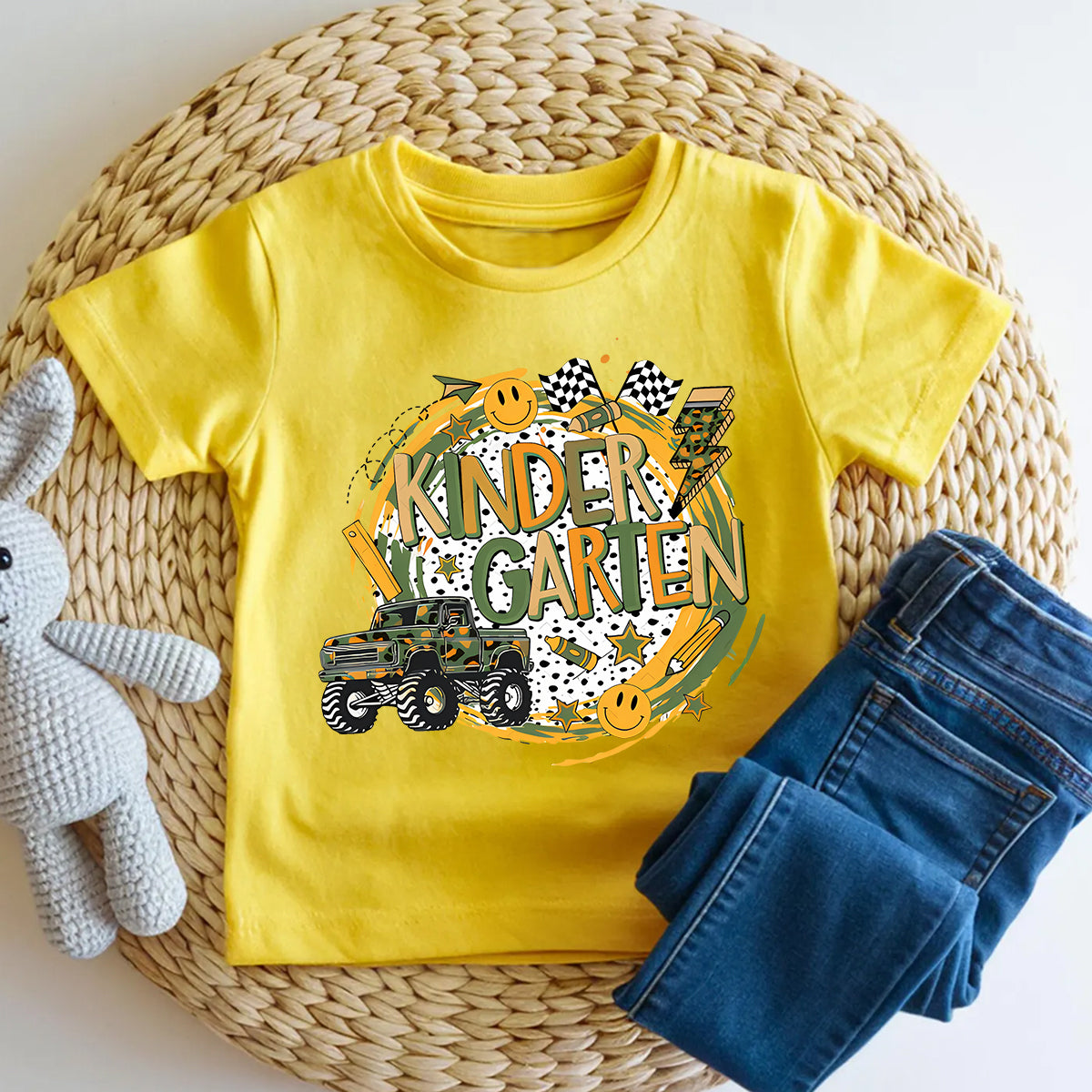 Personalized Grade Kindergarten Race Flag Truck Toddler T-shirts