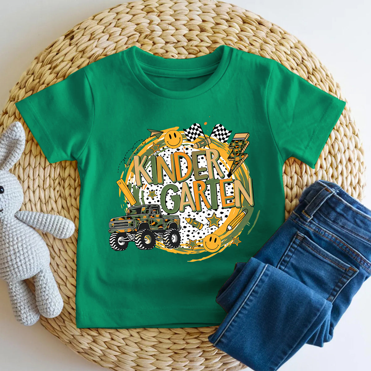 Personalized Grade Kindergarten Race Flag Truck Toddler T-shirts