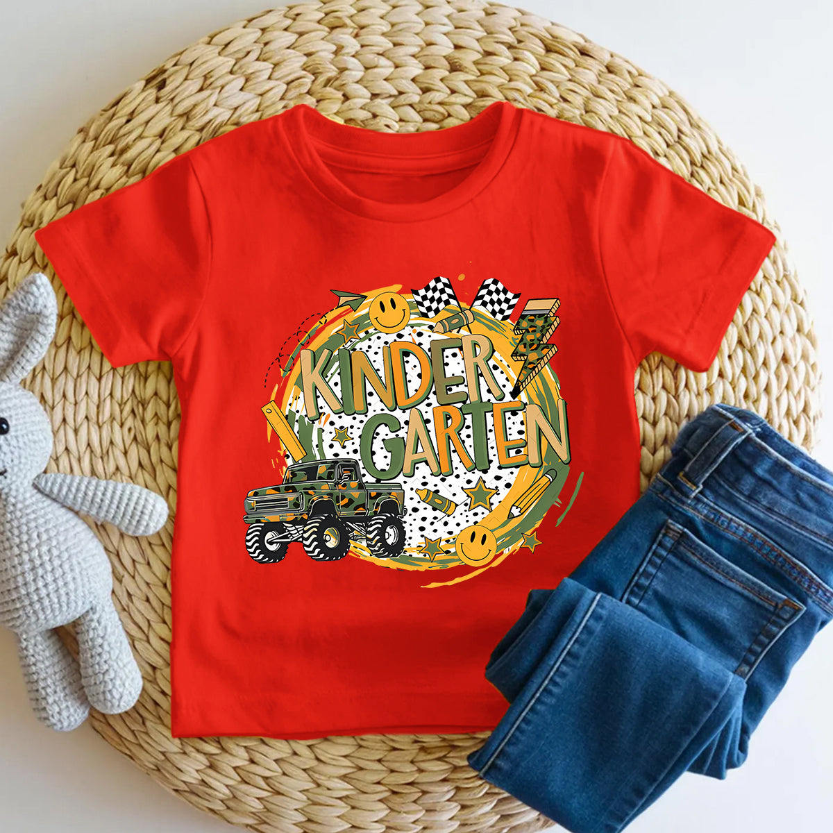 Personalized Grade Kindergarten Race Flag Truck Toddler T-shirts
