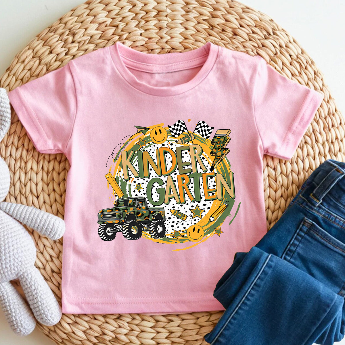 Personalized Grade Kindergarten Race Flag Truck Toddler T-shirts