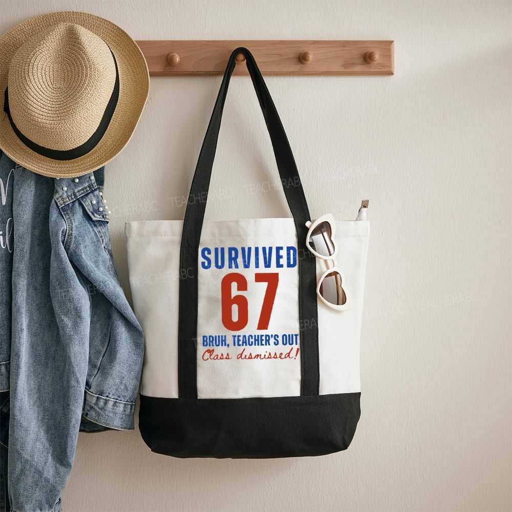 Survived 67 Bruh Teacher's Out Class Dismissed  Color-blocked Canvas Bag