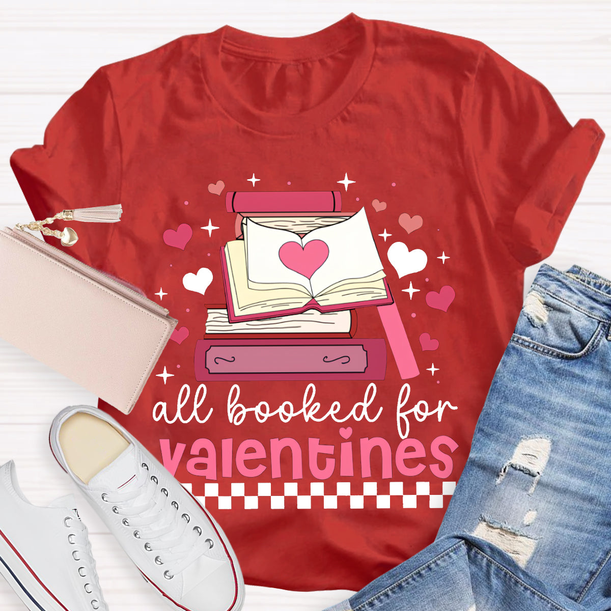 All Booked For Valentines Pink Books And Hearts T-shirt