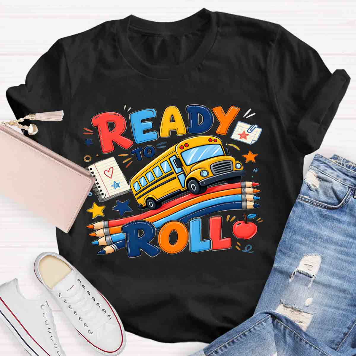 Ready To Roll Yellow School Bus Color Pencil Notebook Apple Star T-shirt